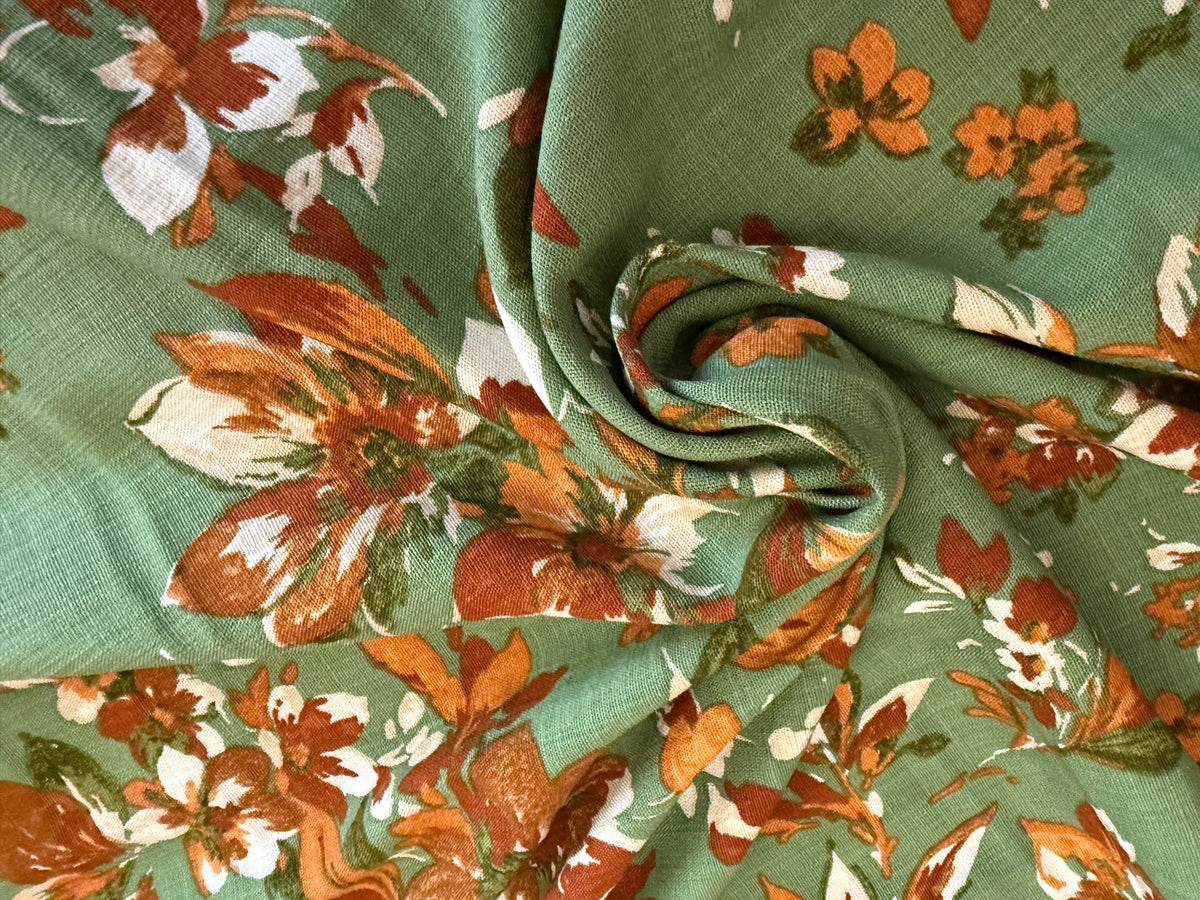 100% Rayon Floral Print - Warm Floral on Sage