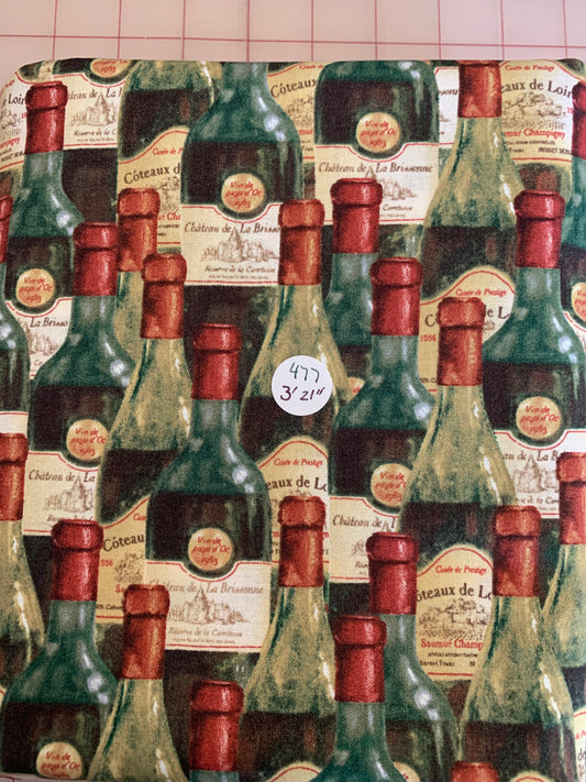 REMNANT Quilting Cotton "Wine Bottles"  3' 22" #477