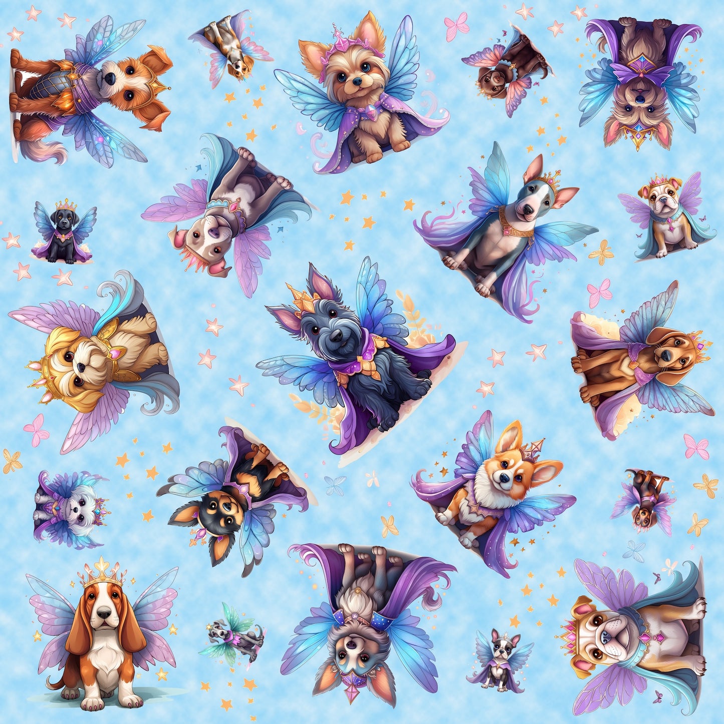 Fairy Puppy Toss & Panel - EXCLUSIVE CUSTOM PRINT Quilting Cotton & Cotton/Spandex Jersey