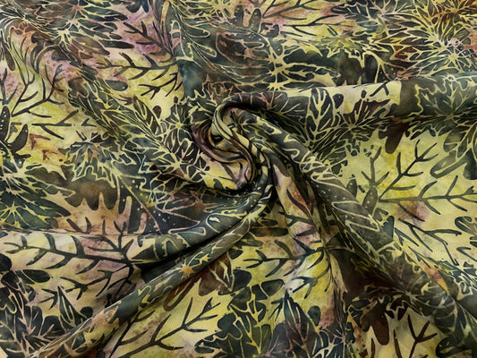 Batik Rayon Challis - Forest Leaves - Shades of Green, Yellow, and Pink