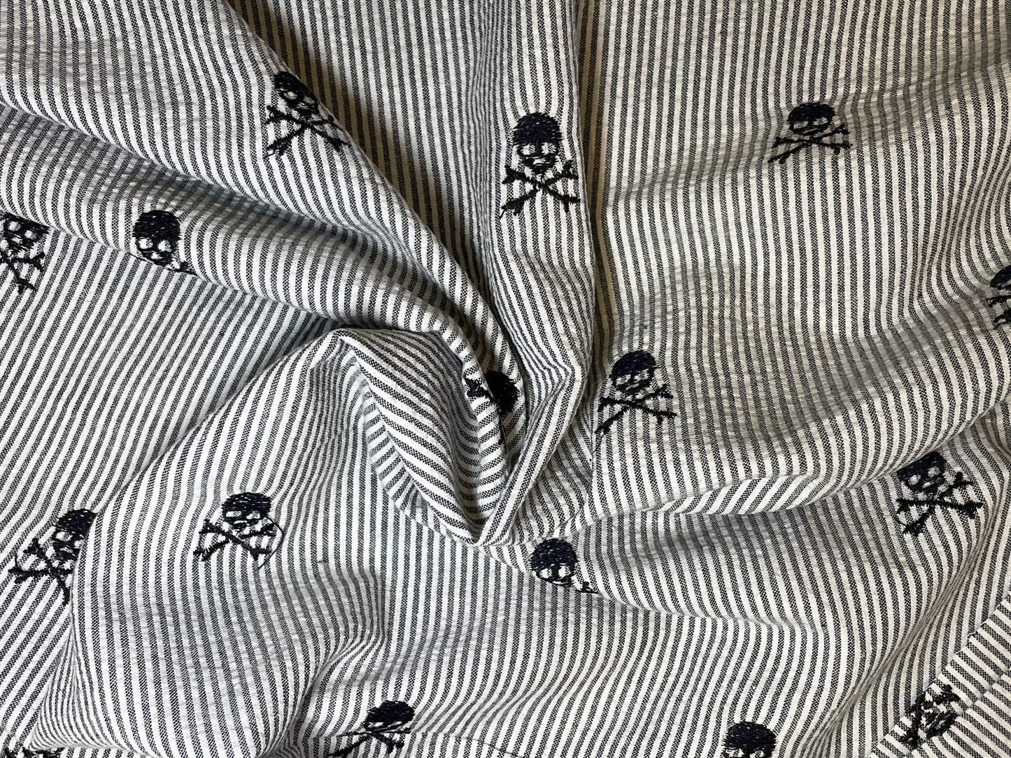 Blackbeard's Seersucker - Black & White pinstripe with Jolly Roger Skulls!