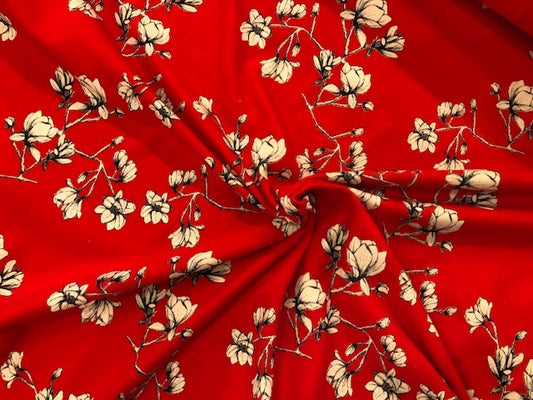 95/5 Cotton/Spandex Jersey - Chinese Red w/ Black & White Blossoms