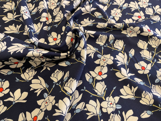 95/5 Cotton/Spandex Jersey - Magnolia Blossoms on Navy