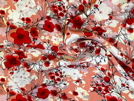 Rayon Challis -  Red Cherry Blossoms