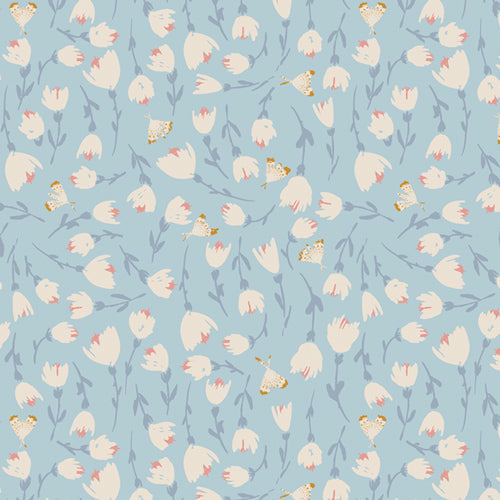 95/5 Cotton/Spandex Jersey - White Blossoms on Sky Blue