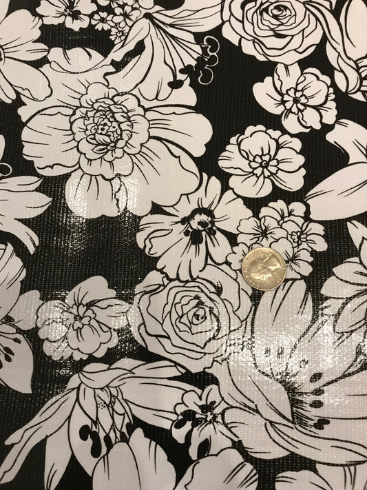 Oil Cloth - White Flowers on Black